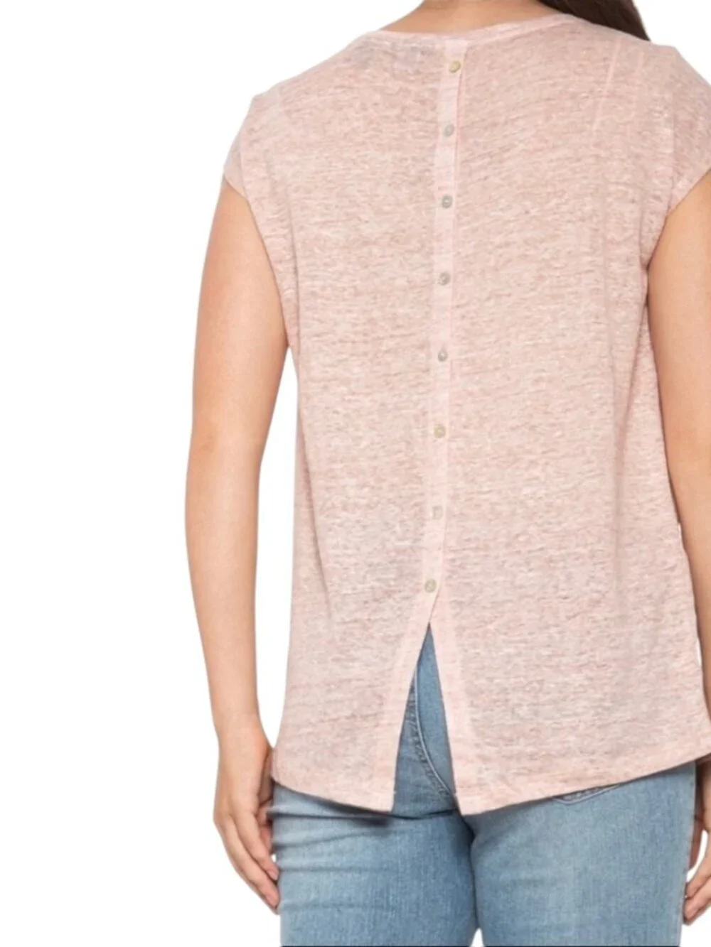 Tahari 100% Linen Short Sleeve Blush Pink Button Back Top